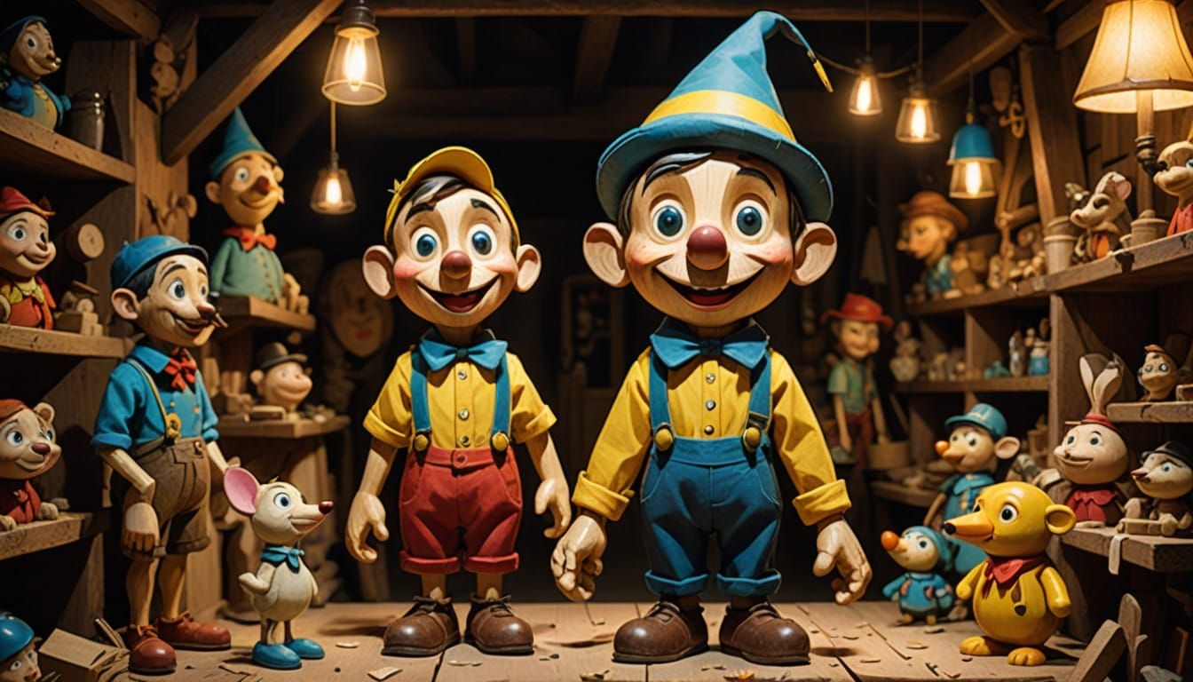 Wooden Puppet Pinocchio in Whimsical Workshop Setting