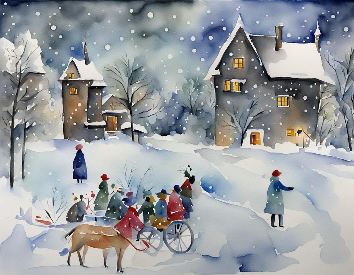 Kandinsky Style Watercolor Snow Scene