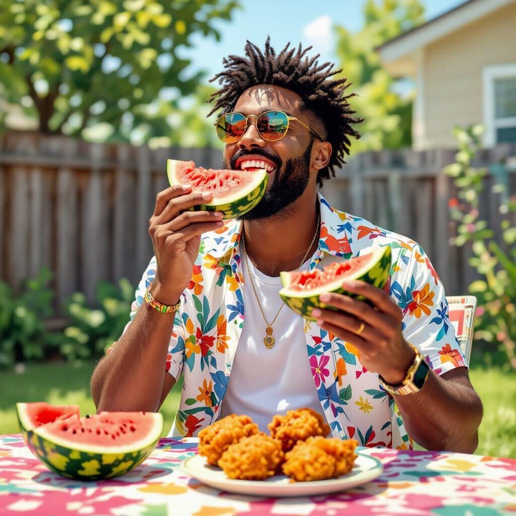 Man Enjoys Watermelon and Chicken in Backyard