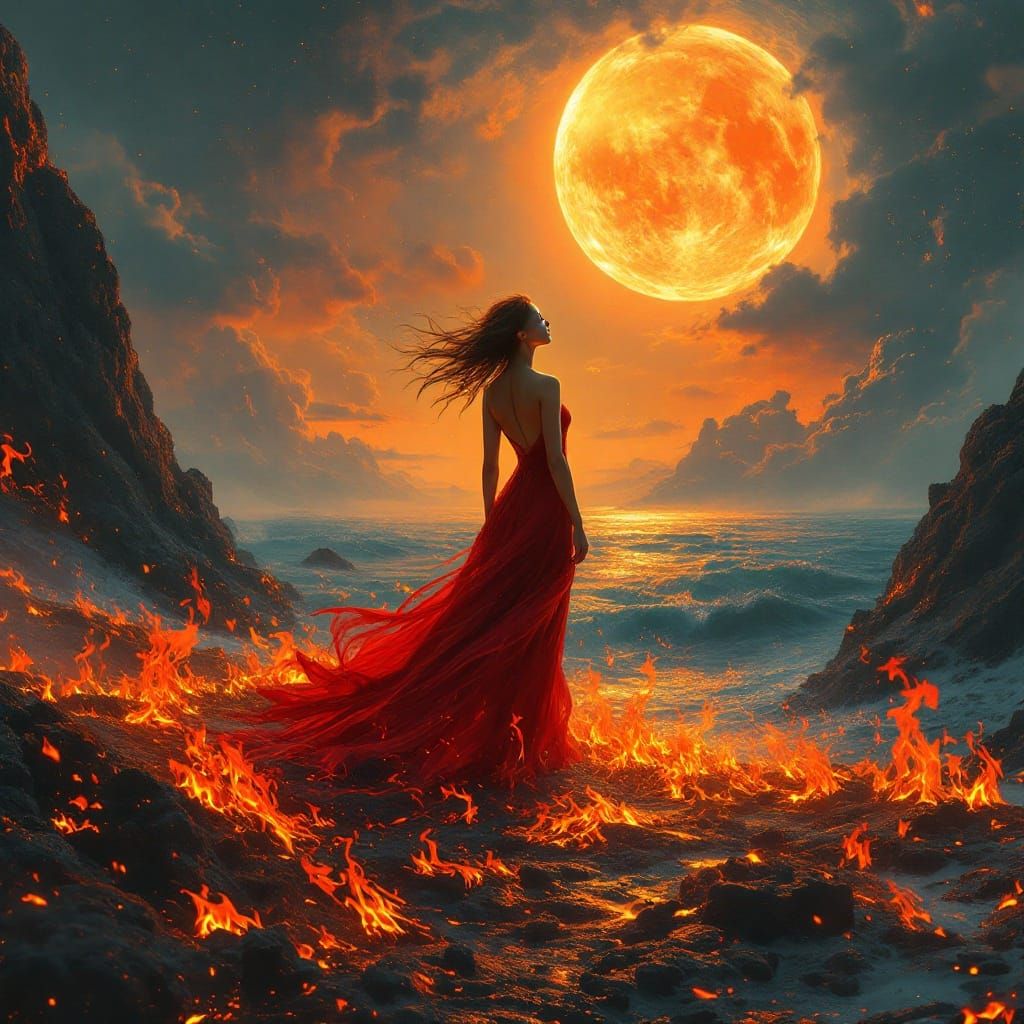 Fiery Woman on Burning Earth: Surreal Art