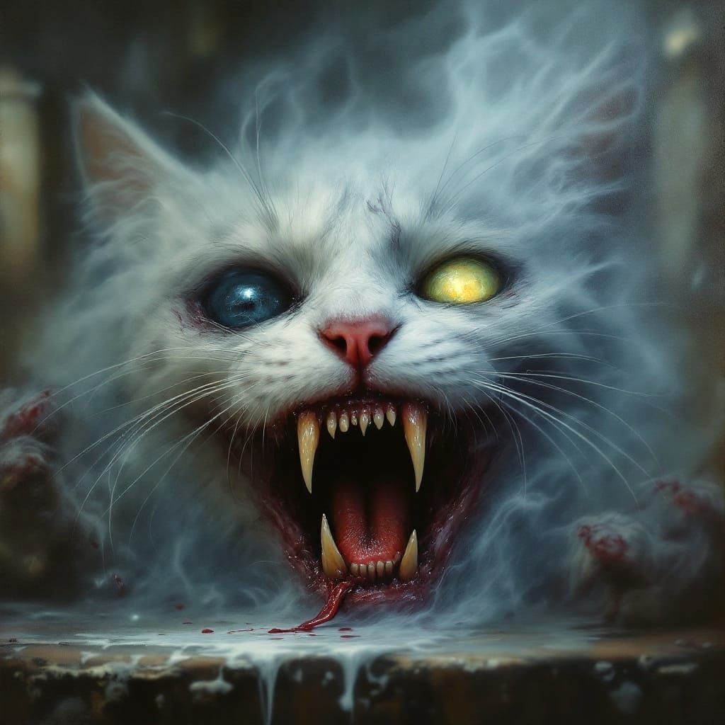 Eerie Close-Up: Decaying Cat in Dreamlike Oil Painting