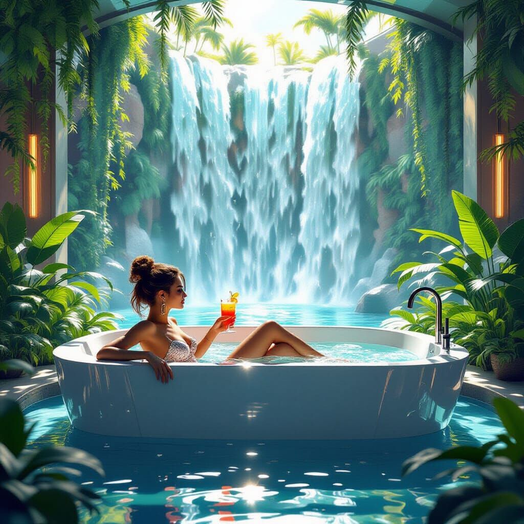 Fashionista in Futuristic Waterfall Oasis, Hyperrealistic 3D...