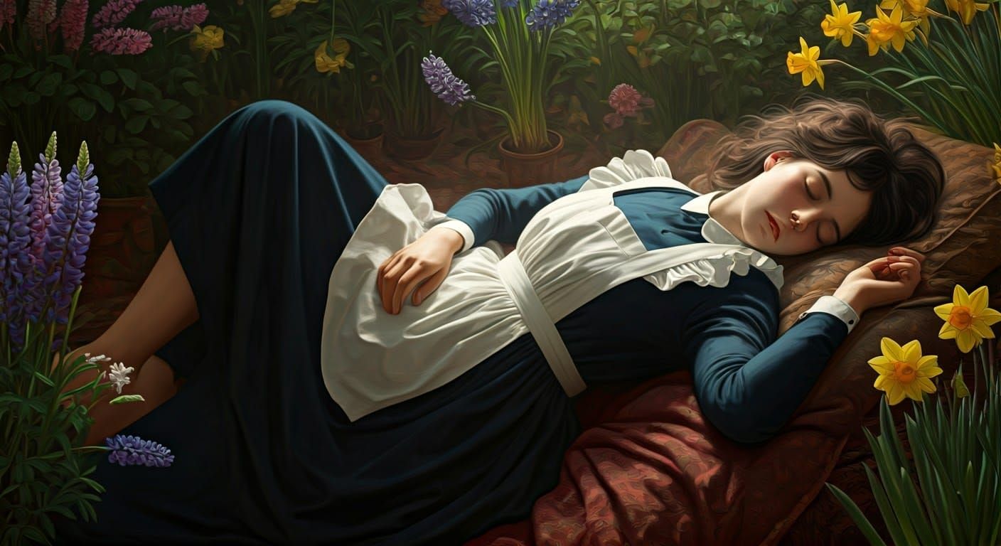 Sleeping Maid in Victorian Uniform, Surrounded by Spring Blo...