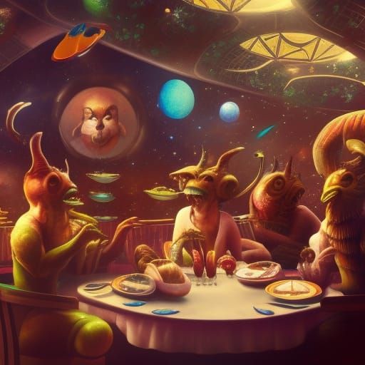 Space Creatures Fine Dining: AI-Style Matte Painting