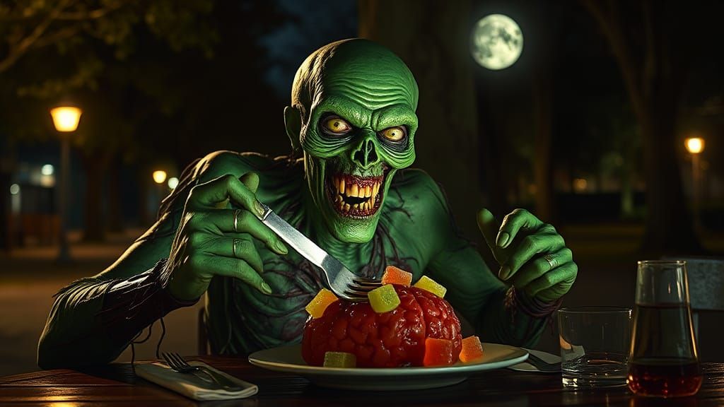 Goofy Zombie Eats Gummy Brains Under Moonlight