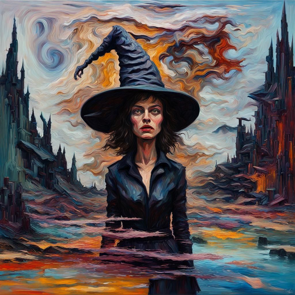 Surreal Witch in Abstract Impasto Oil Painting