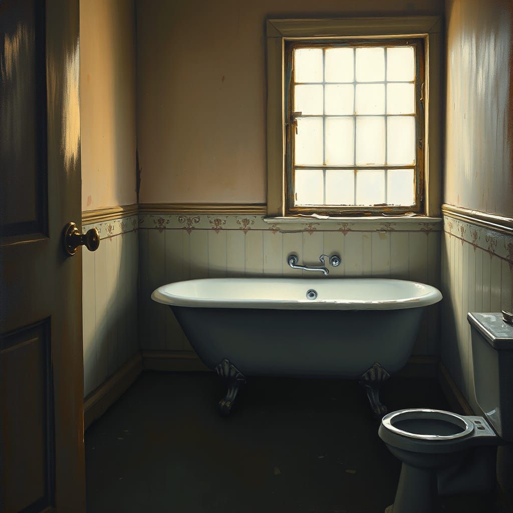 Dimly Lit Bathroom Oil Painting in James Gurney Style
