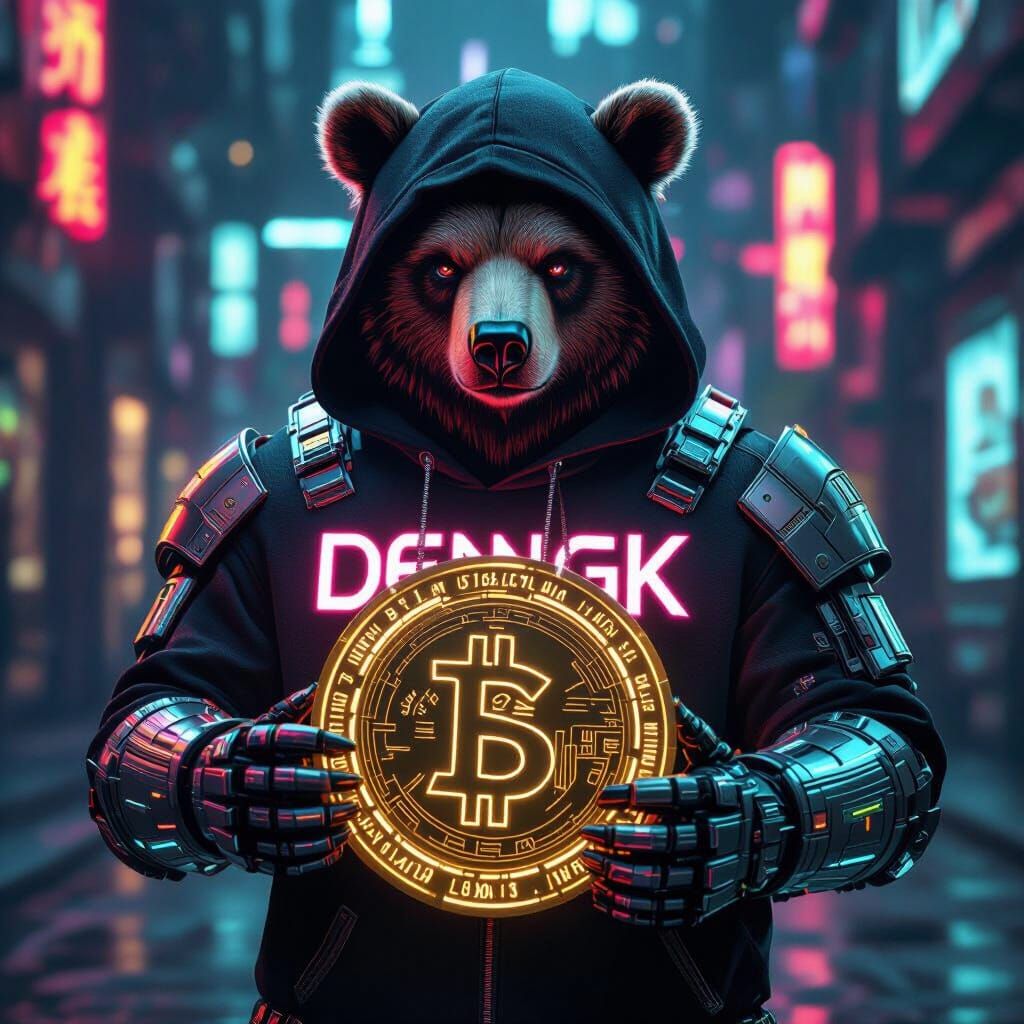 Cyberpunk Armored Bear Holding Gold Coin