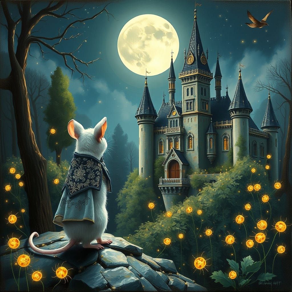 Elegant Mouse Reigns Over Gothic Castle Estate at Night