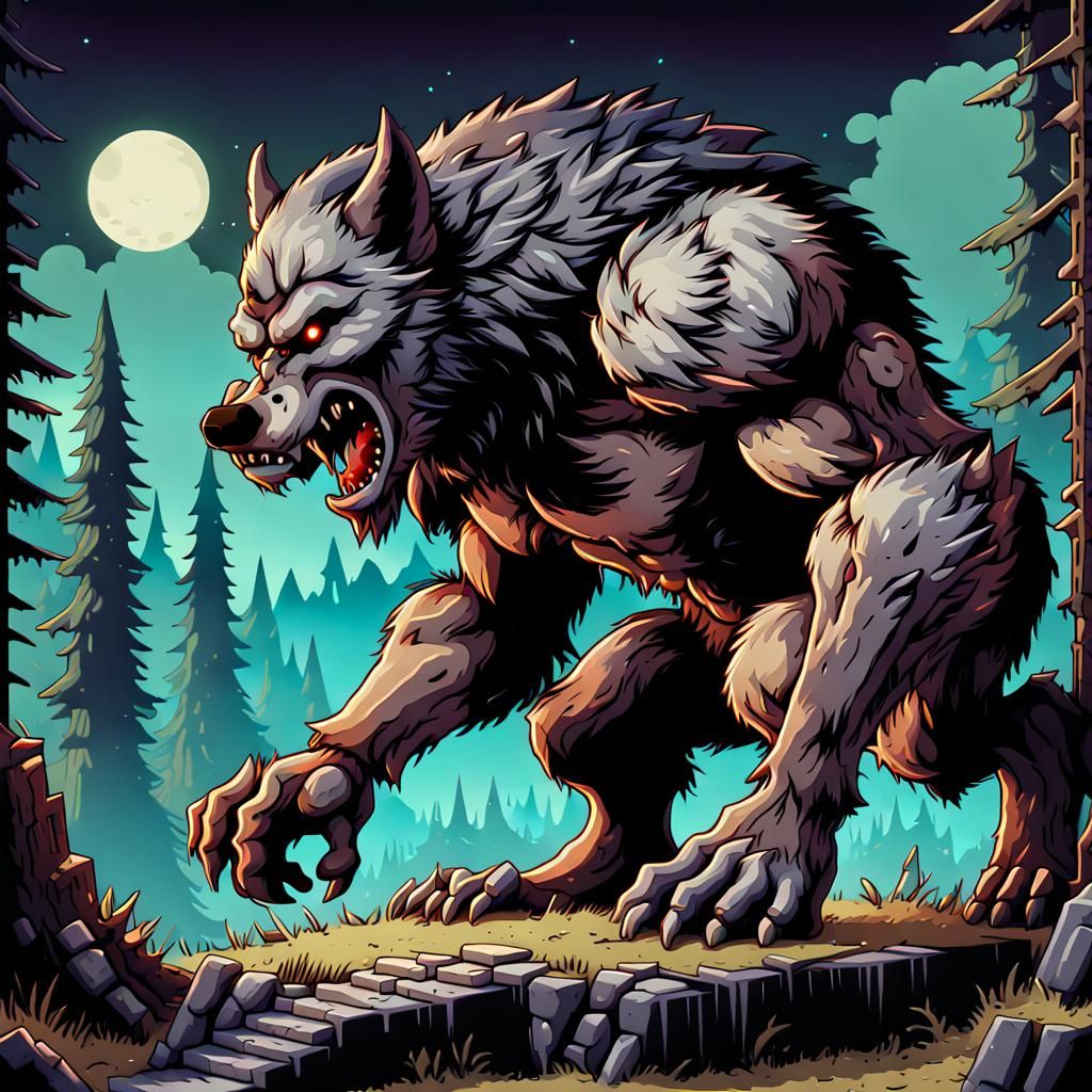 Werewolf in 8-bit Pixel Art Fantasy Landscape