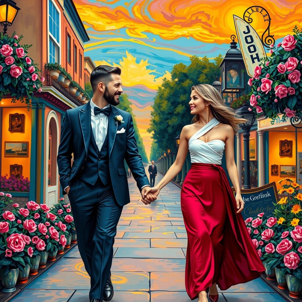 Romantic Sunset Stroll in Kaleidoscope Art Style
