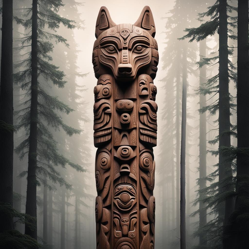 Mystical Native American Wolf Totem Pole Carving