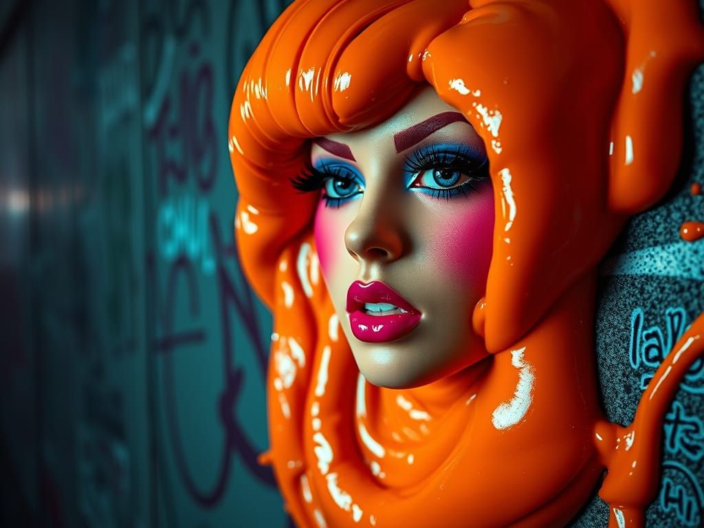 Vibrant Orange Goop with Showgirl-Inspired Face in Neon-Lit ...