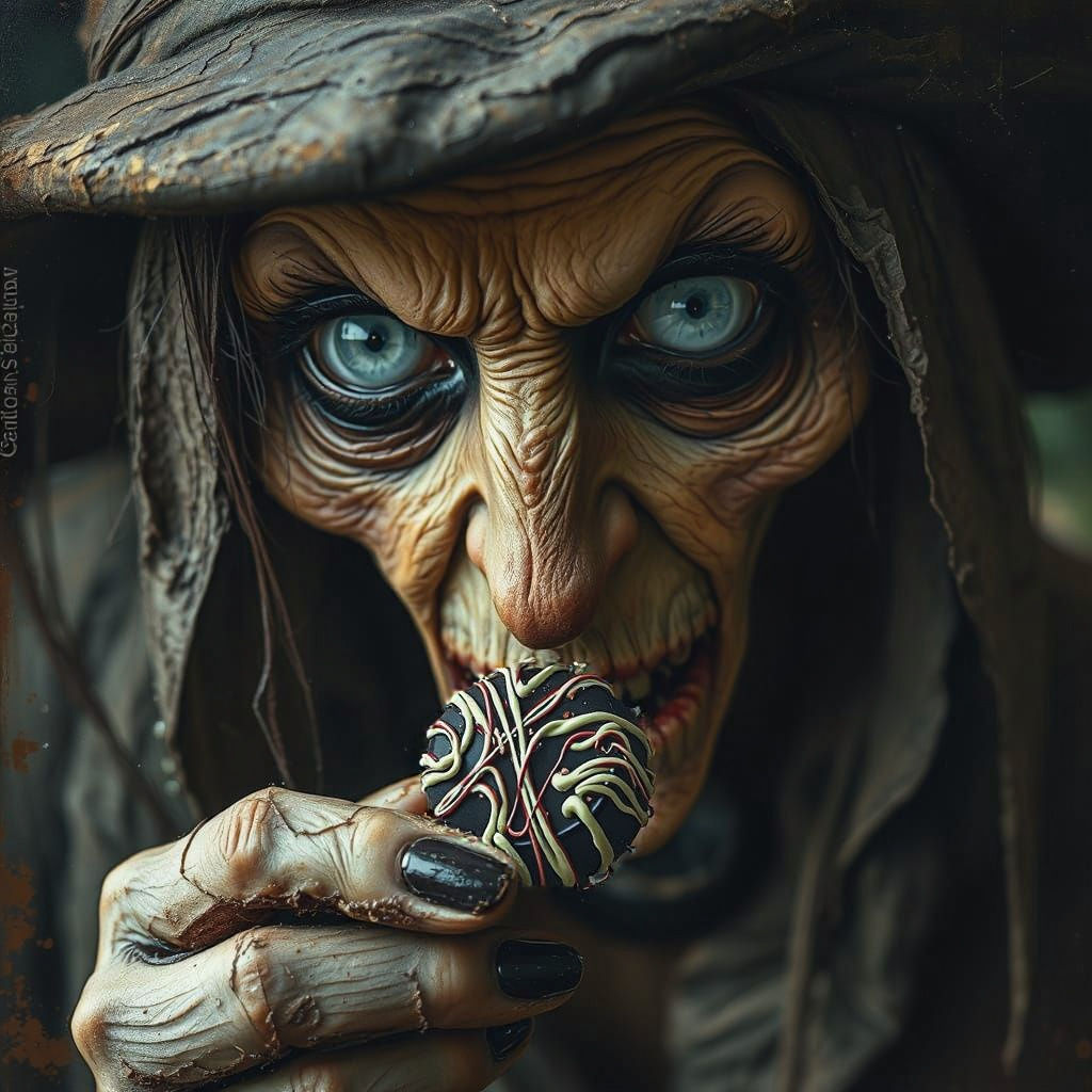 Creepy Witch Offers Chocolate Bon-Bon as Mixed Media Art