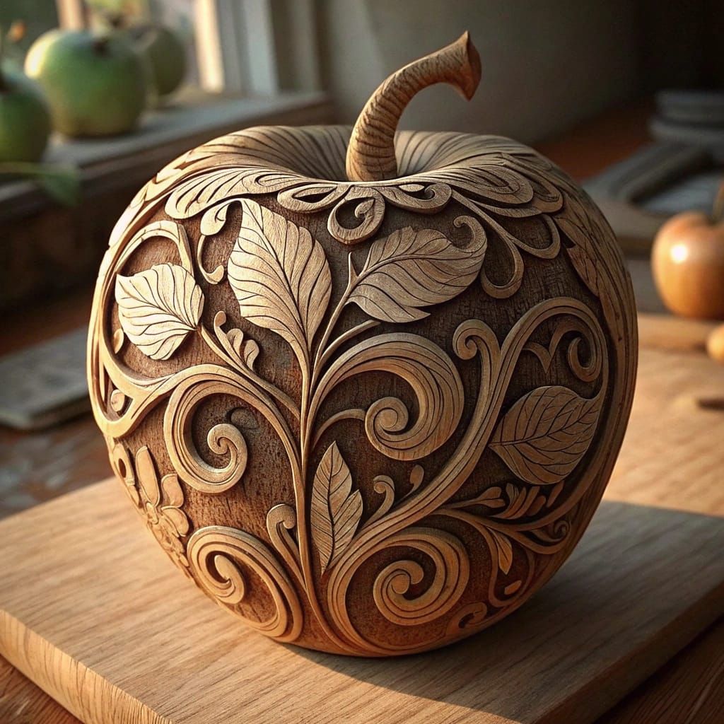 A Wooden Apple Carved in Intricate Woodcut Style