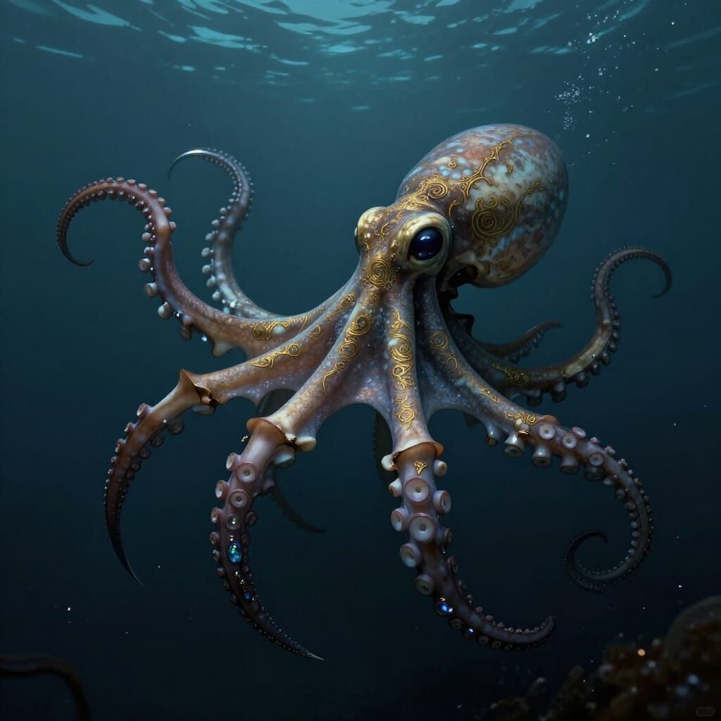 Skeletal Octopus with Blade Arms in Dark Fantasy Art Style