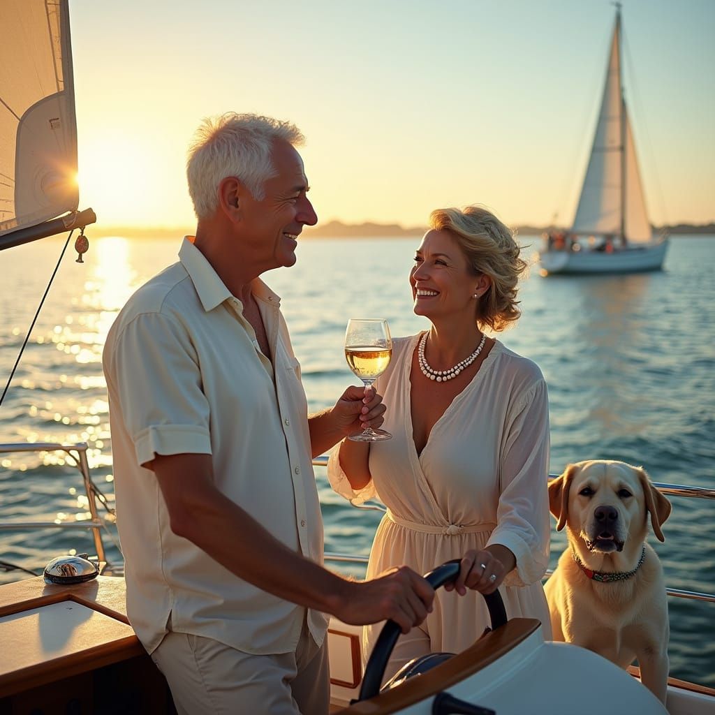Dignified Couple Sails Chesapeake Bay at Sunset