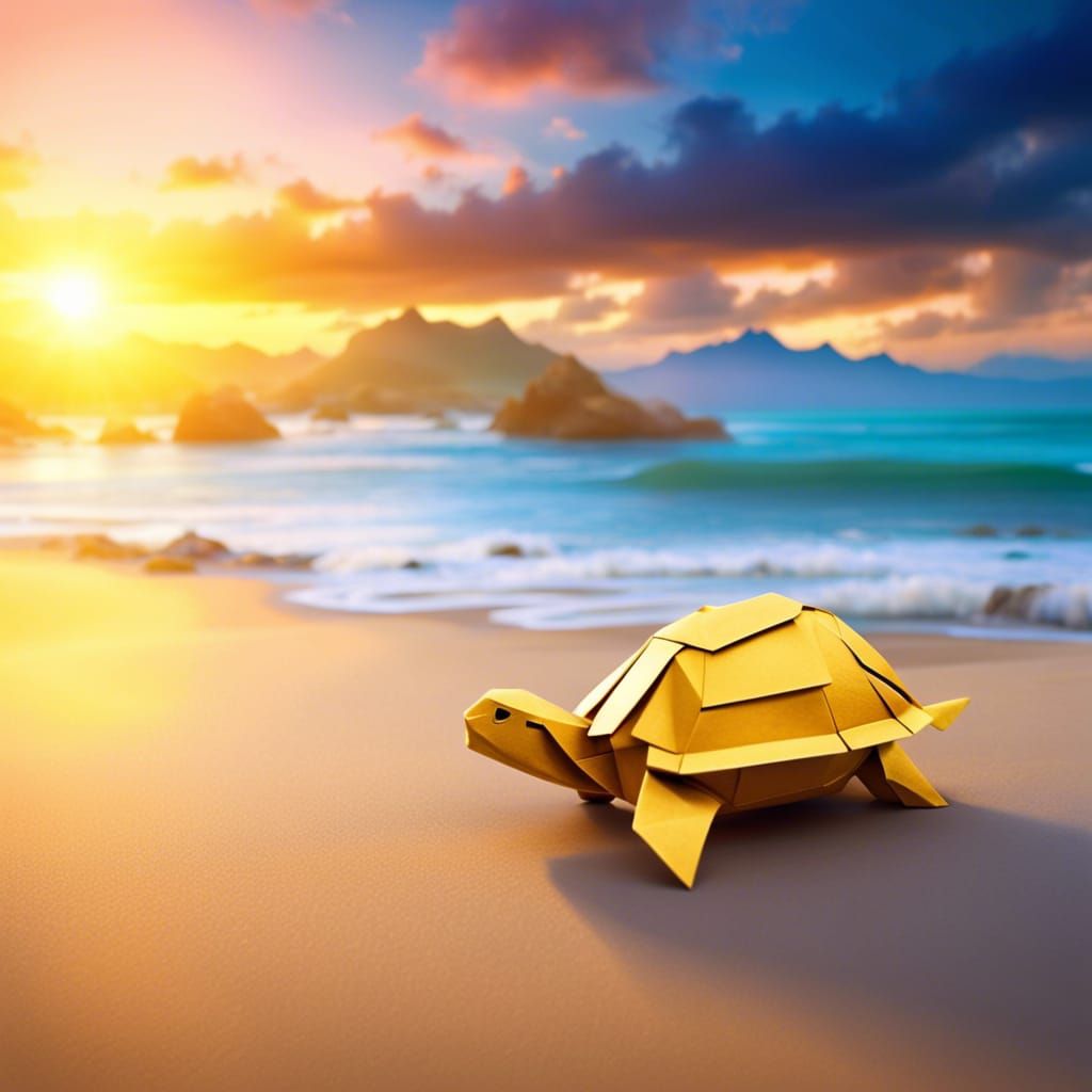 Beautiful cinematic hyperdetailed origami magic giant turtle...