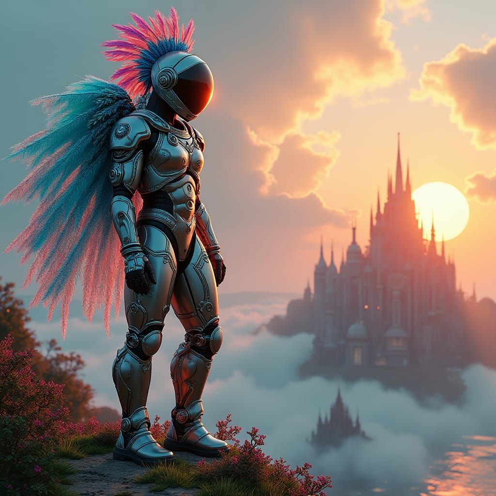 Mexican Astronaut in Cyberpunk City on Floating Island