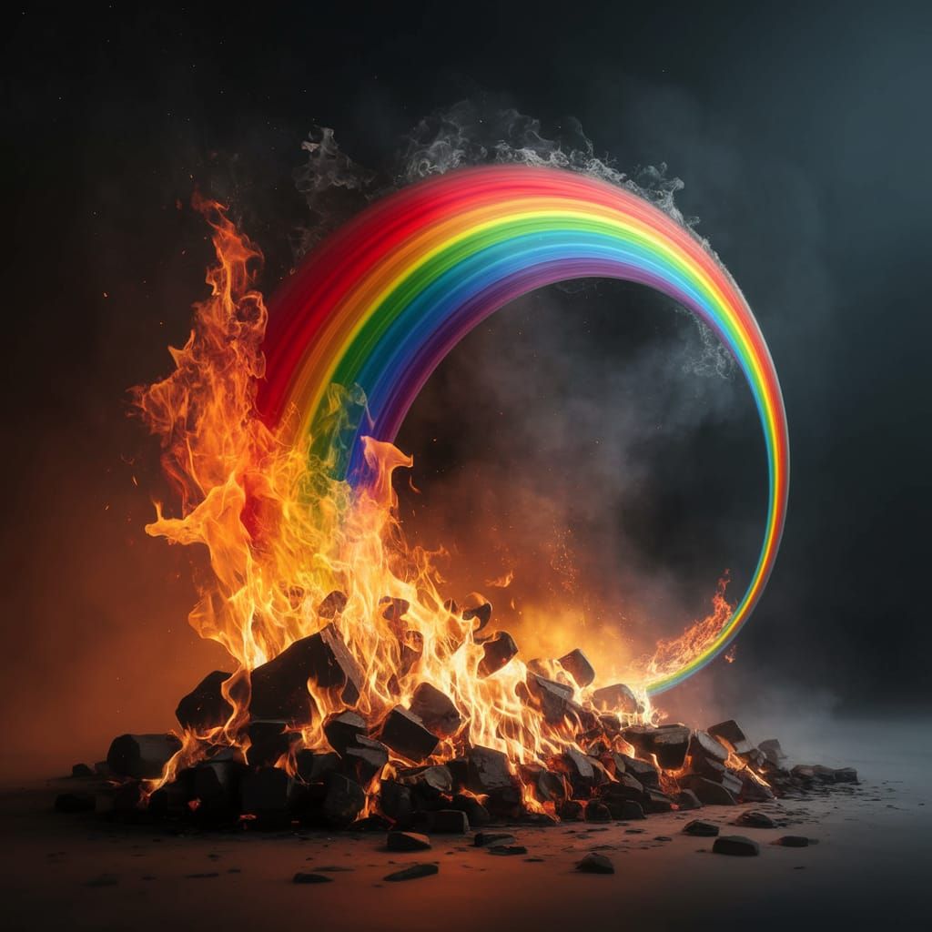 Breathtaking 3D Render of a Swirling Rainbow Amidst Inferno
