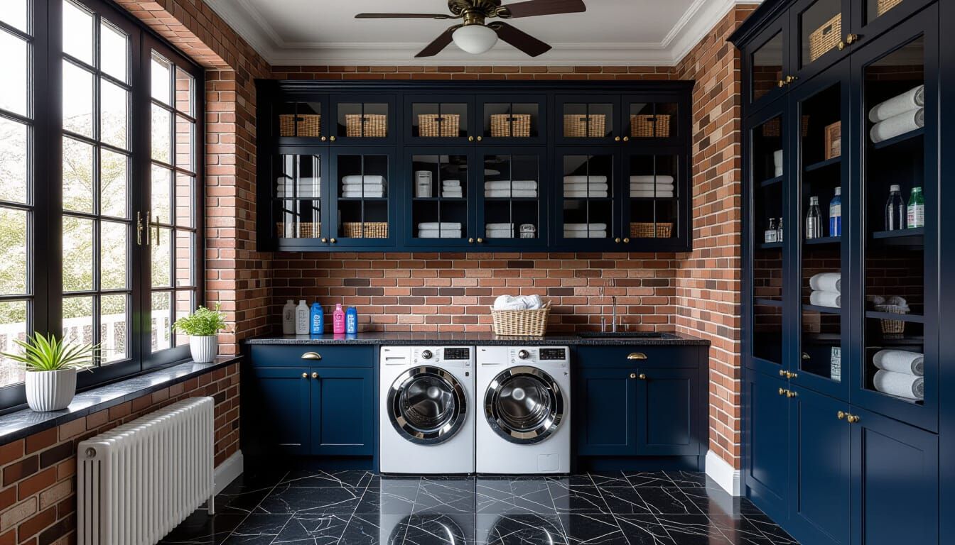Victorian Laundry Room with Dark Blue and Brick Accents