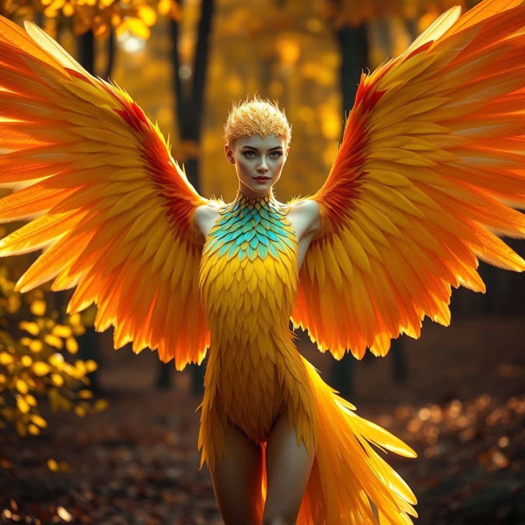 Ethereal Phoenix-Human Hybrid in Autumnal Woods