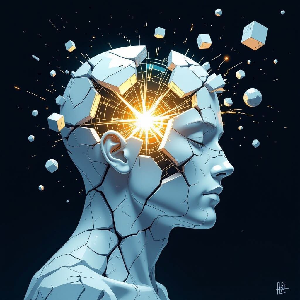 Cracked Marble Head with Glowing Shards in Graphic Novel Sty...