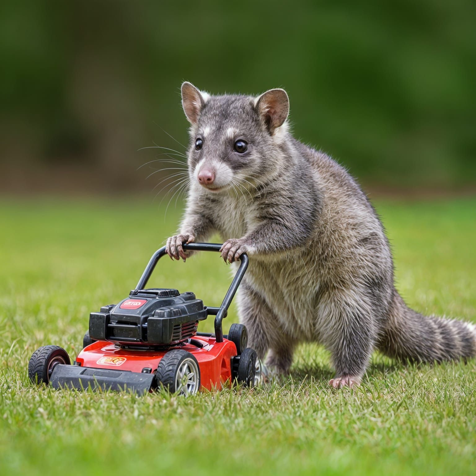 Anthropomorphic Possum Mowing the Lawn