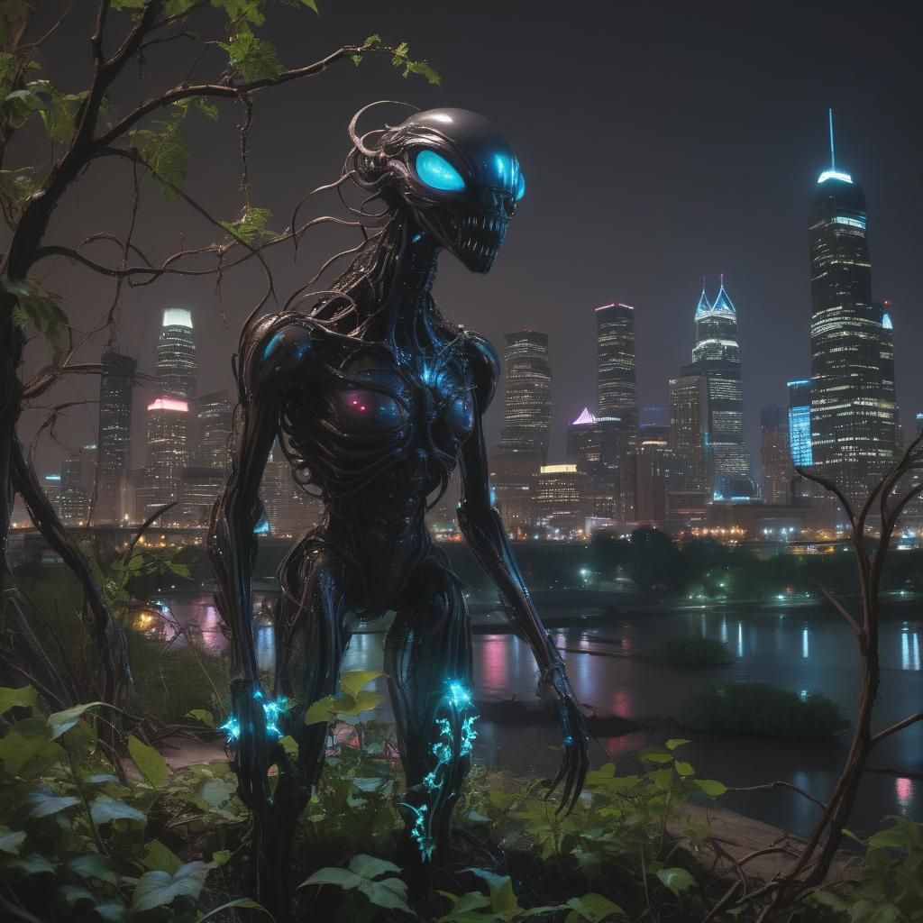 Bioluminescent Dystopian Minneapolis Skyline in Surrealism S...