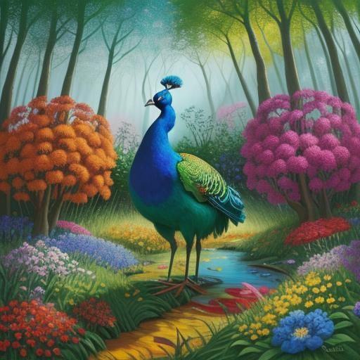 Happy Peacock Displaying Feathers in Naive Art Style