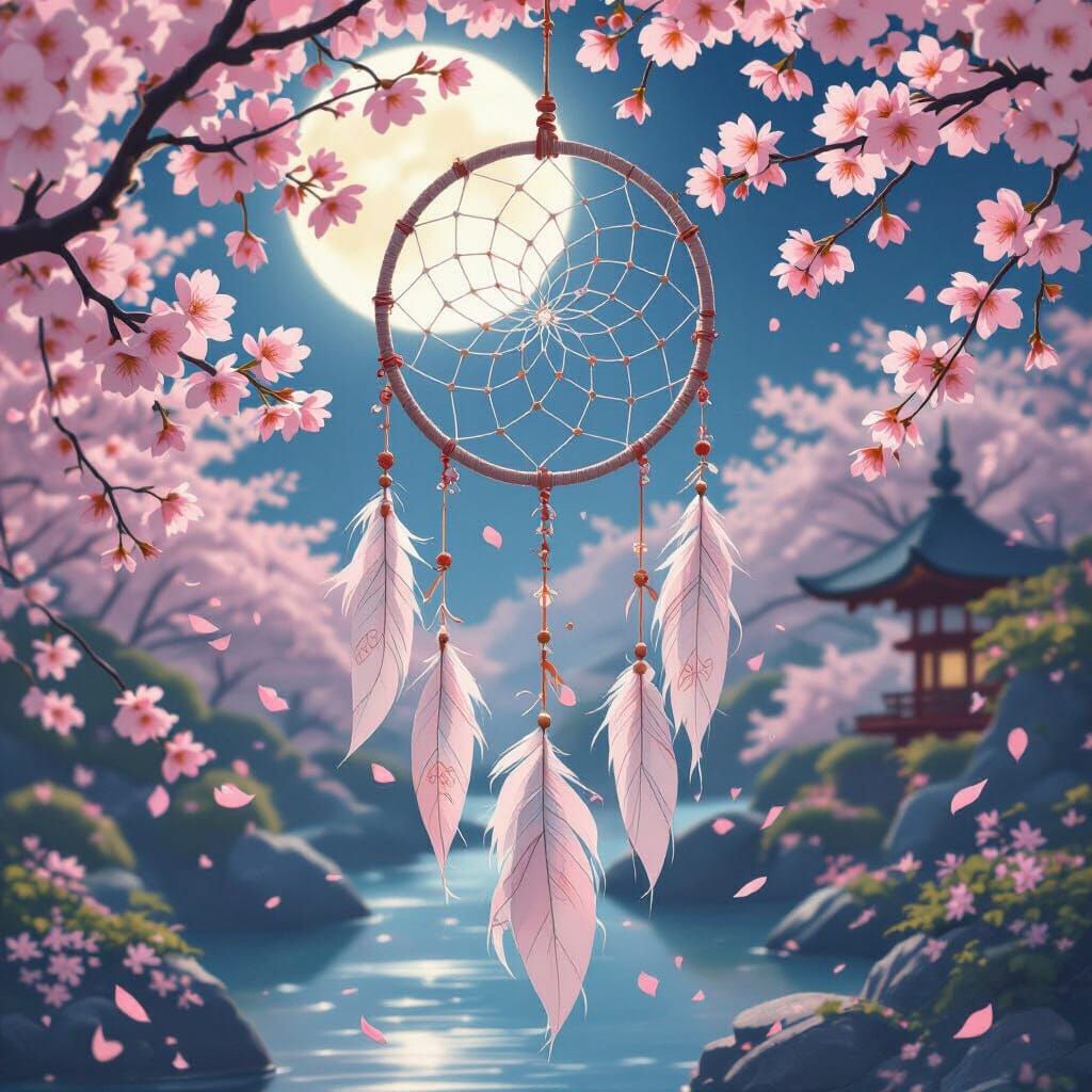 Dreamcatcher in Moonlit Cherry Blossom Garden
