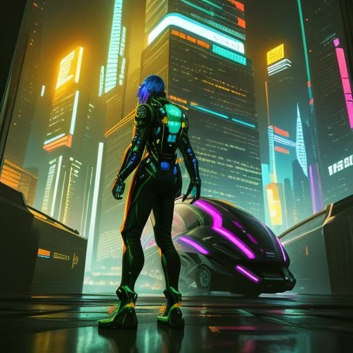 Futuristic Girl in Neon Cityscape