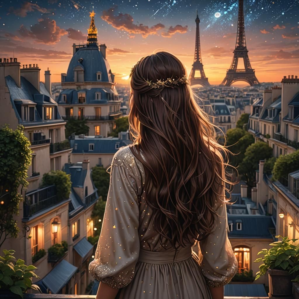 Parisian Girl in Magical Sunset, Dark Fantasy Art