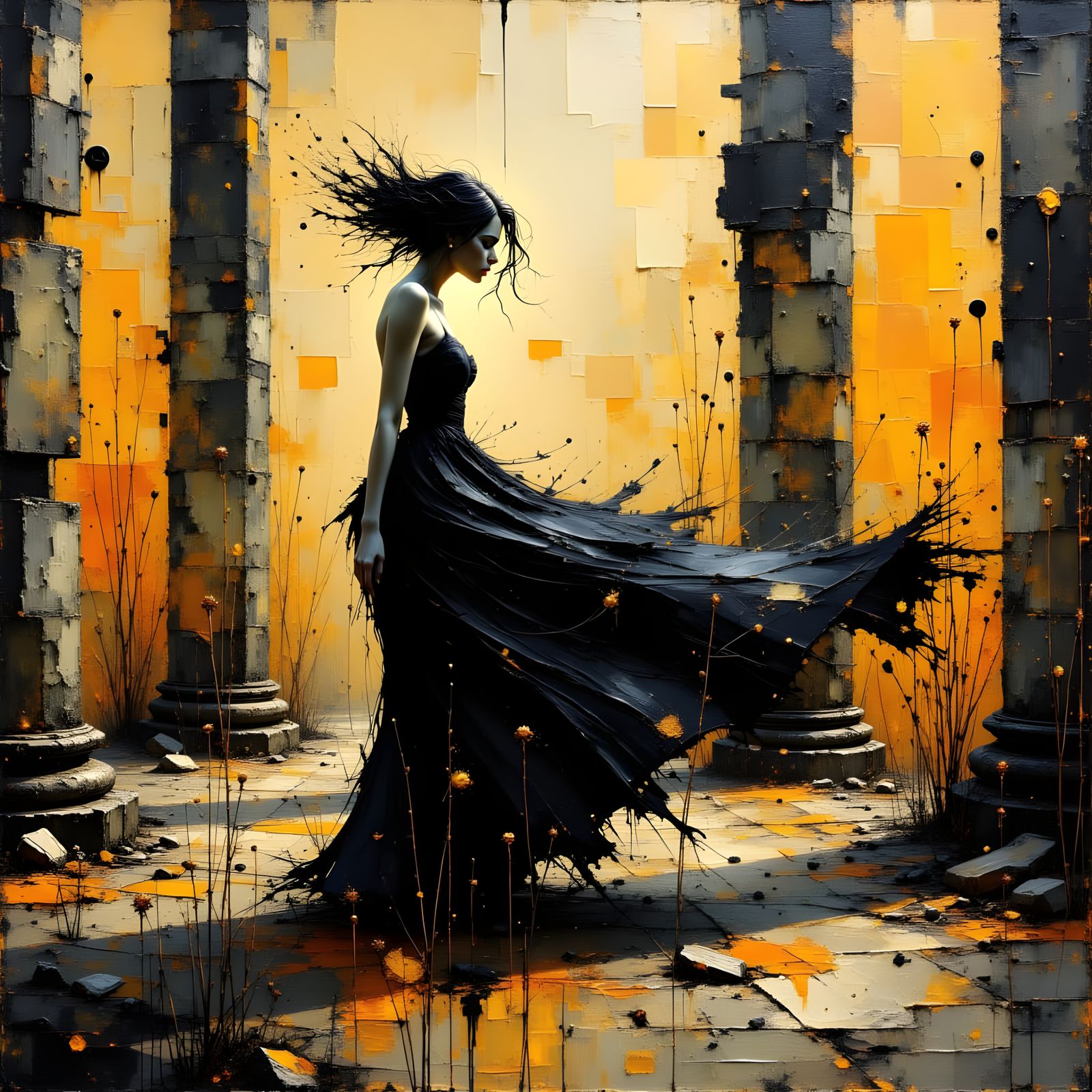 Elegant Woman Amidst Abstract Ruins as Impasto Painting