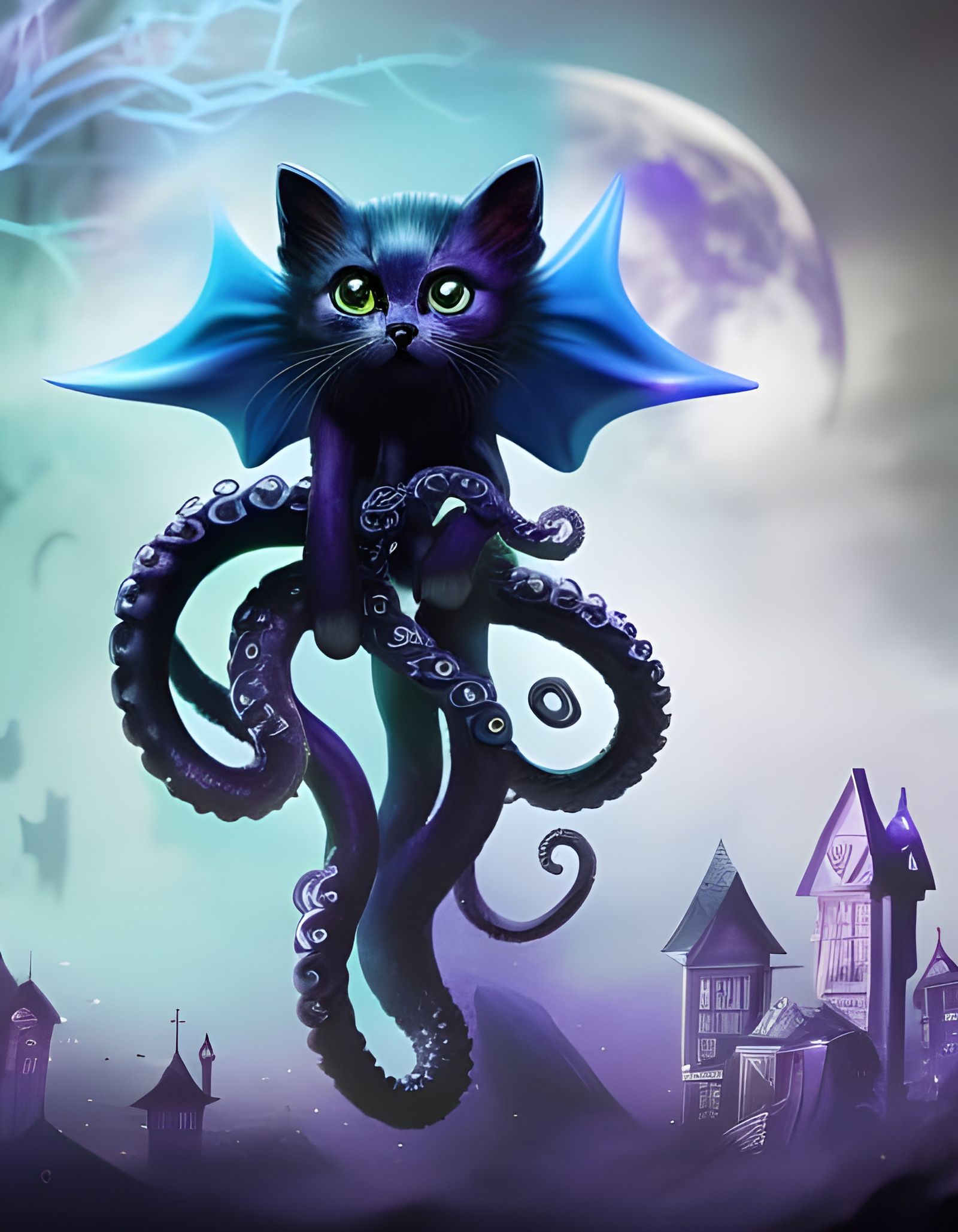 Cute Halloween Kitten with Tentacles in Mixed Media