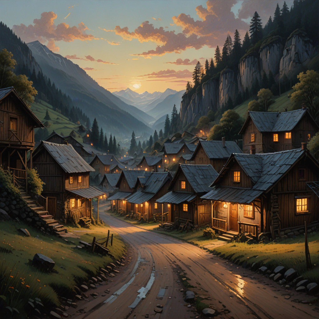 Village at Twilight in Warm Golden Light