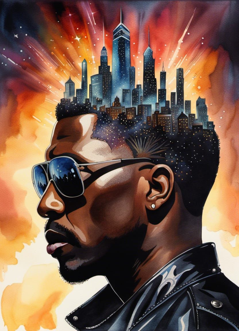 Surreal Night City on Blade, Watercolor Art