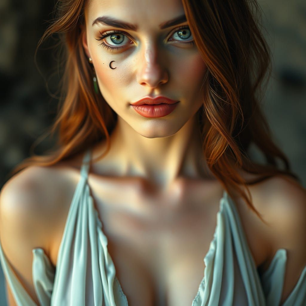 Enchanting Woman Radiating Gentle Strength in Pale Silver an...