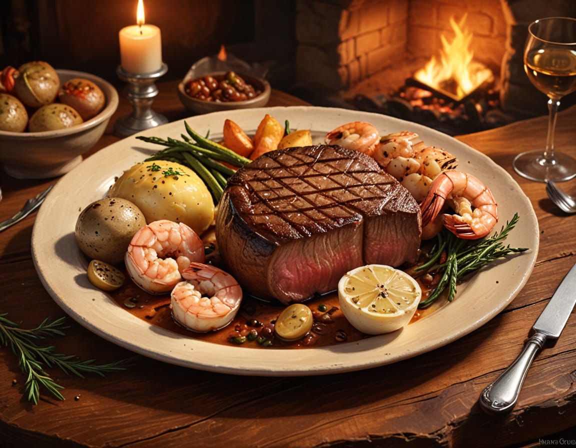 Steak and Shrimp Dinner Still Life in Digital Painting