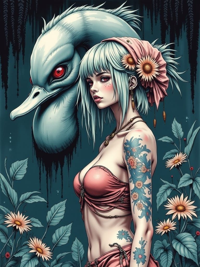 Duckling Girl and Etruscan Statue Watercolor