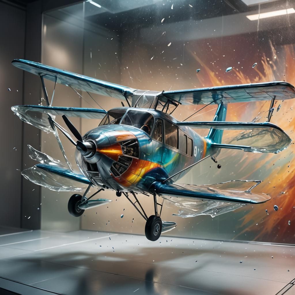 Glass Plane in Wind Tunnel: Hyperrealistic Splash Art