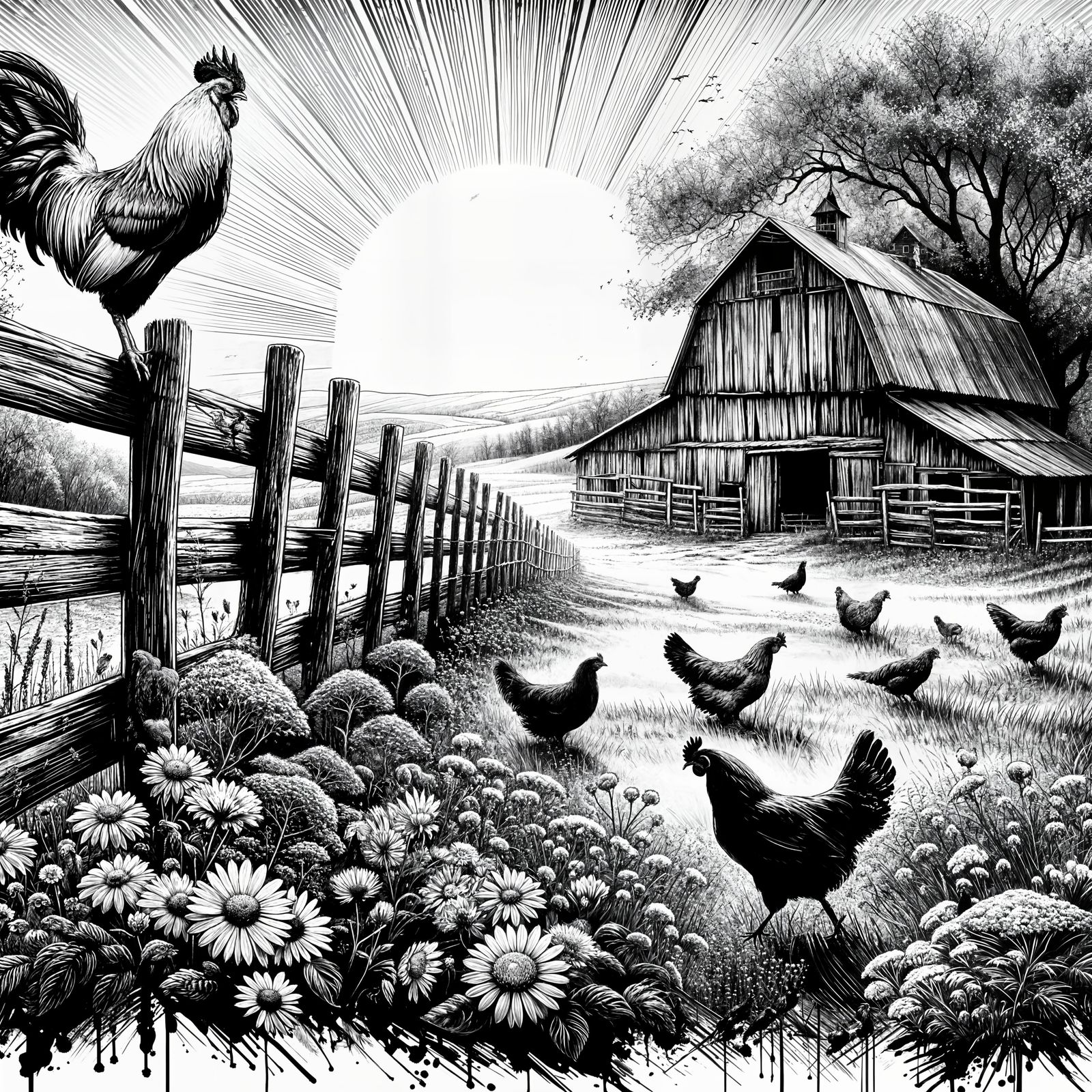 Stunning Black Ink Panorama of Countryside with Rooster and ...