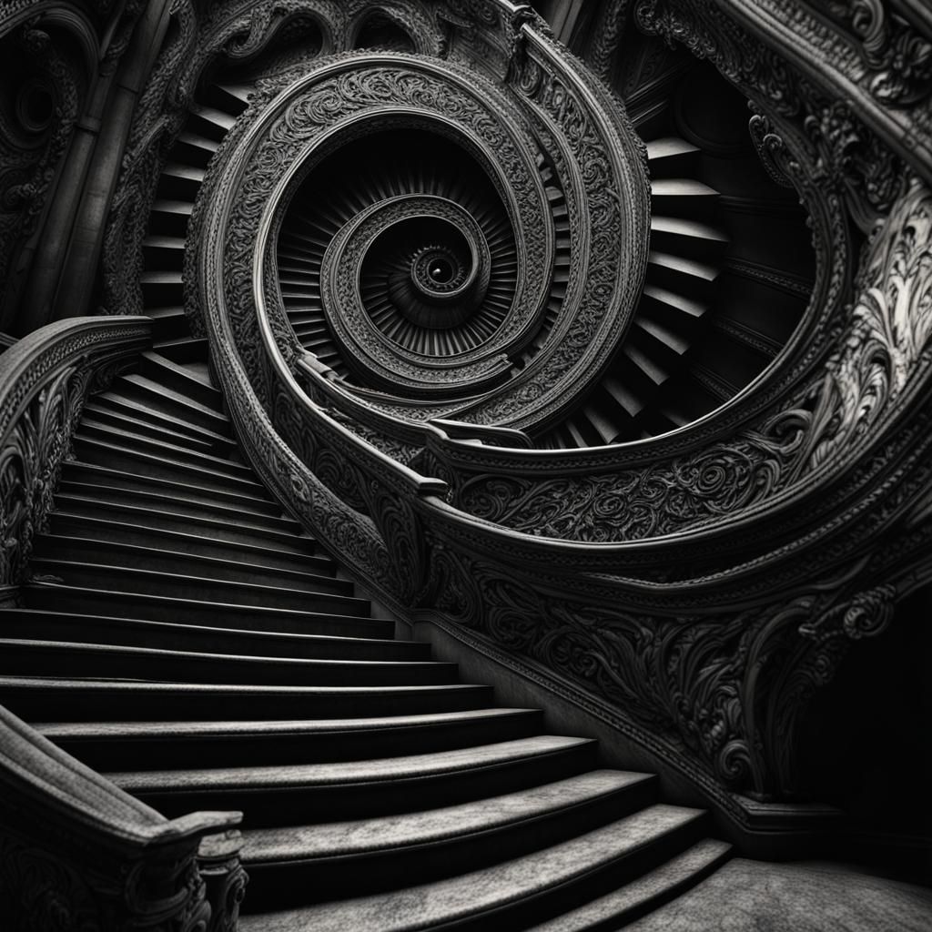 Ornate Staircase Spiraling into Ominous Darkness