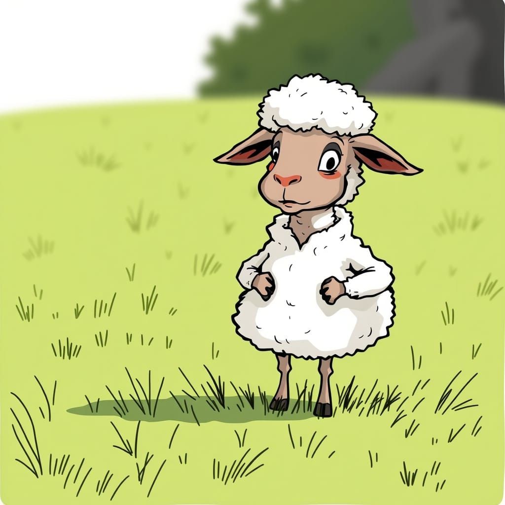 Apprehensive Lamb in Caricature Style