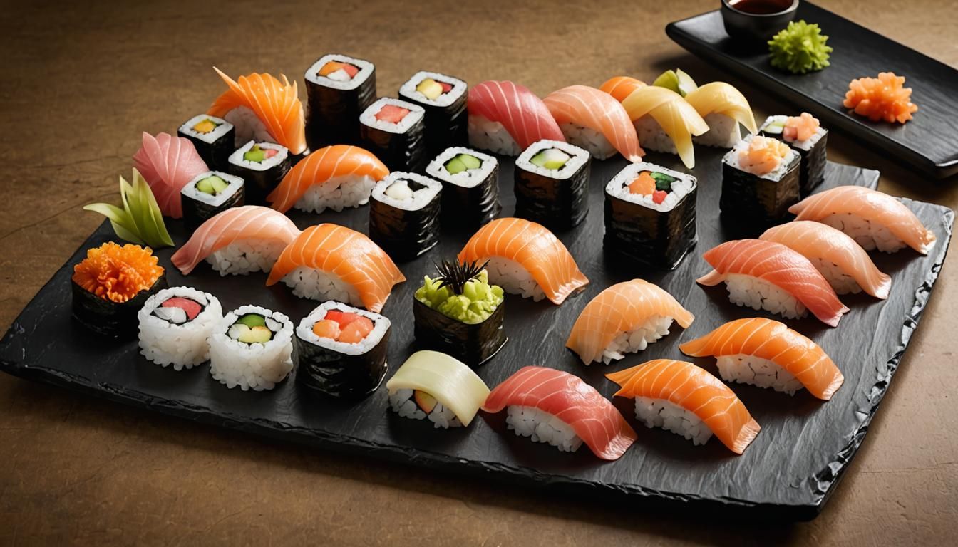 Exquisite Sushi Arrangement Under Ambient Lighting