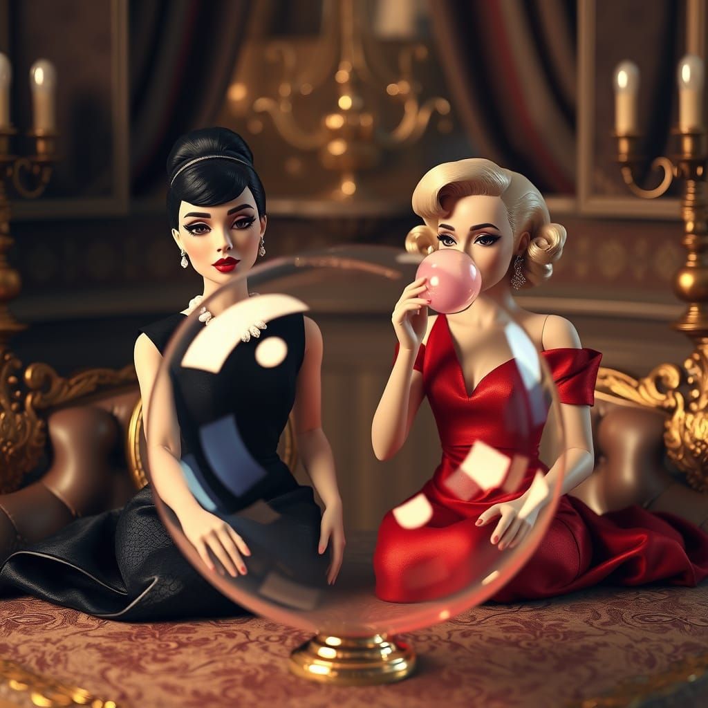 Elegant Dolls Blowing a Glamorous Bubblegum Bubble