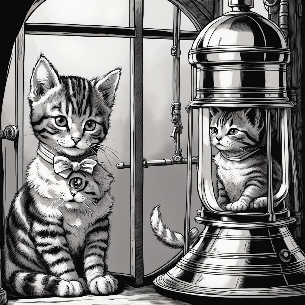 Tabby Kittens in Diving Bell, Tenniel Style Drawing