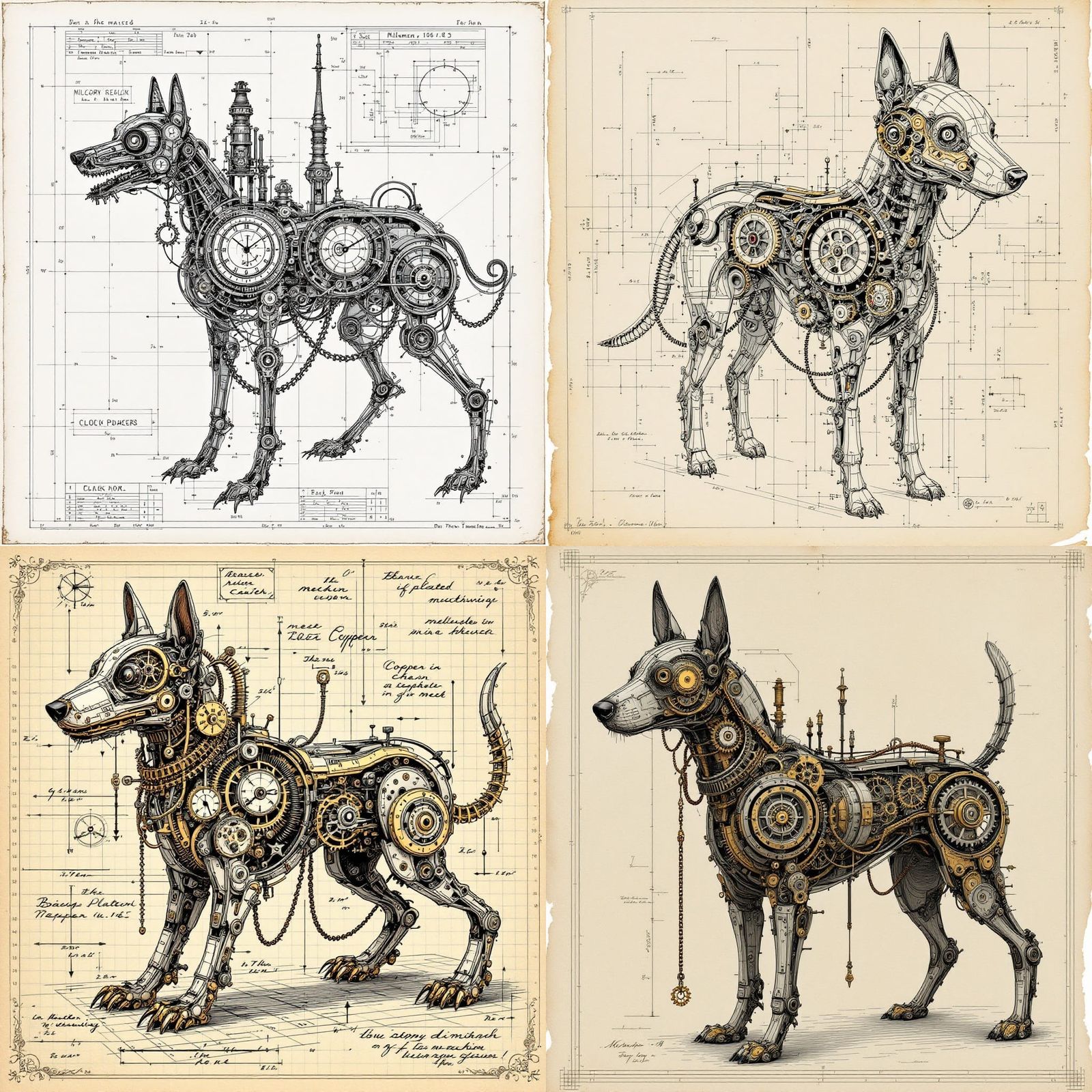 Mechanical Clockwork Dog Blueprint in Steampunk Style