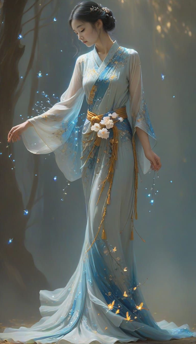 Young Woman in Ancient Chinese Dress in Firefly Forest