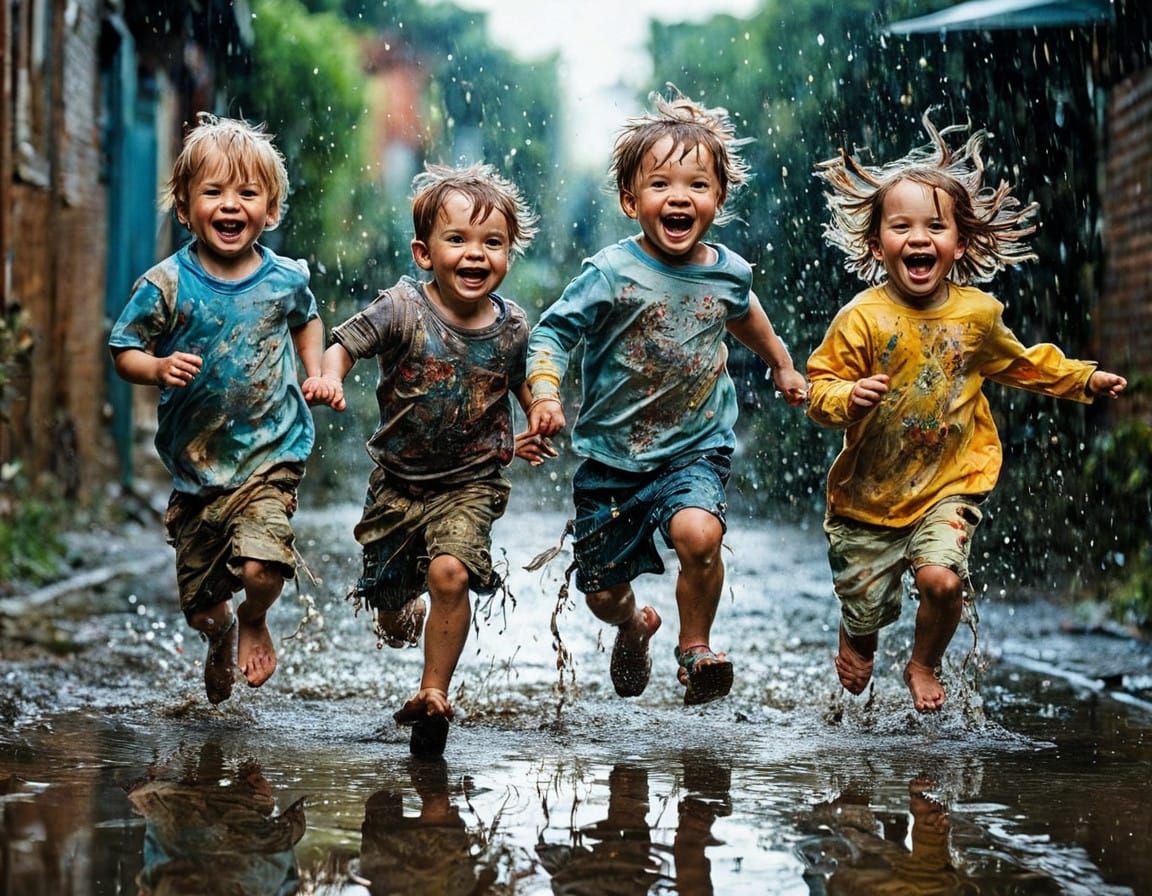 Joyful Children Leap into Evening Puddles with Whimsical Pre...